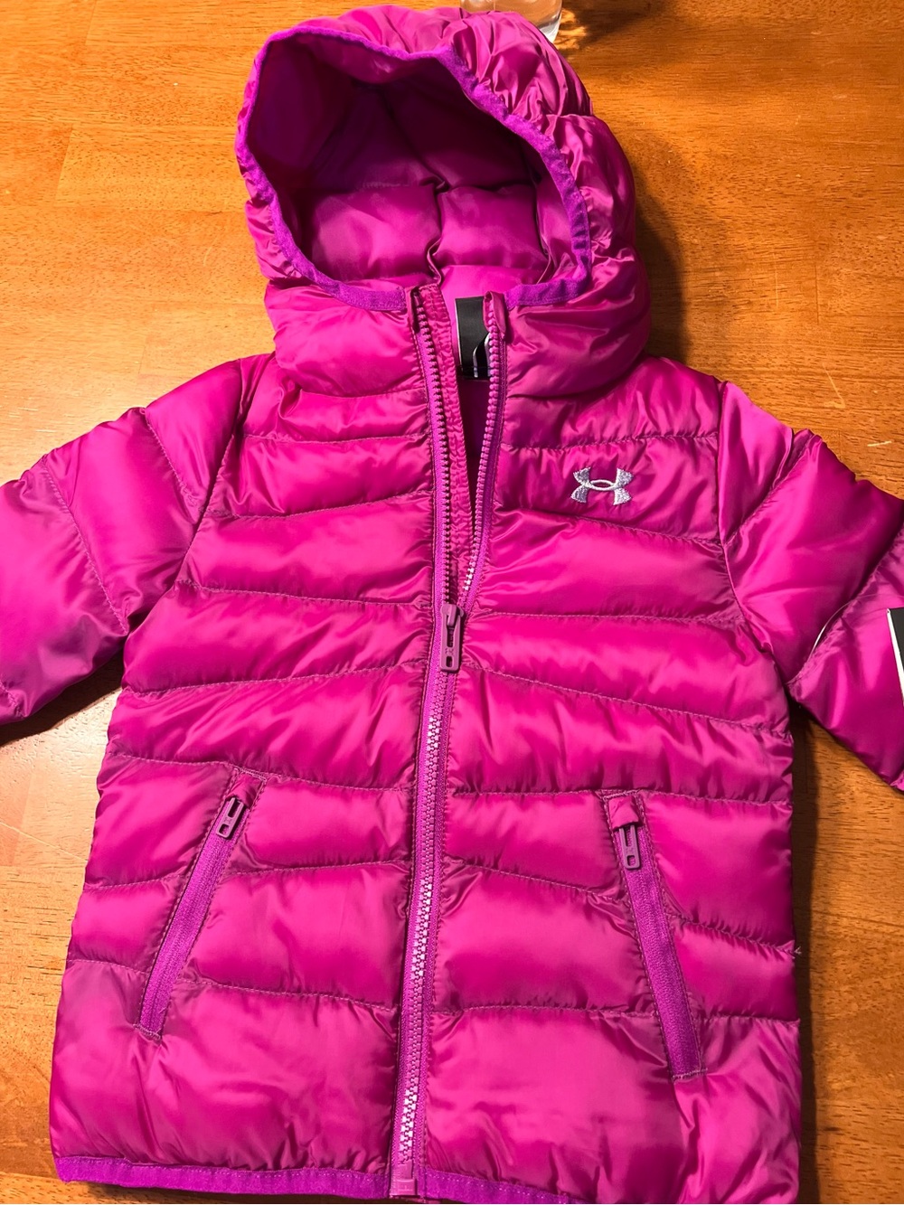Brand New!! Under Armour Girls' Hooded Puffer Jacket, coat Hot Pink/ Purple- 4T